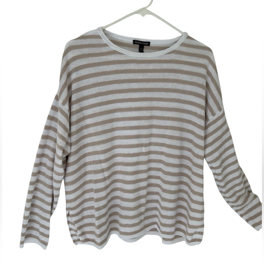 Eileen Fisher Cream and Tan Striped Lightweight Knit Top